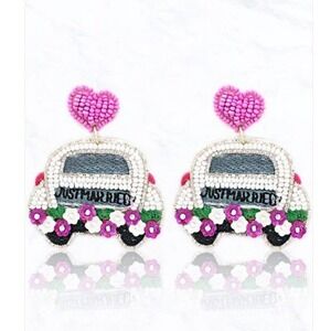 Beaded JUST MARRIED Car Post Dangle Wedding Earrings